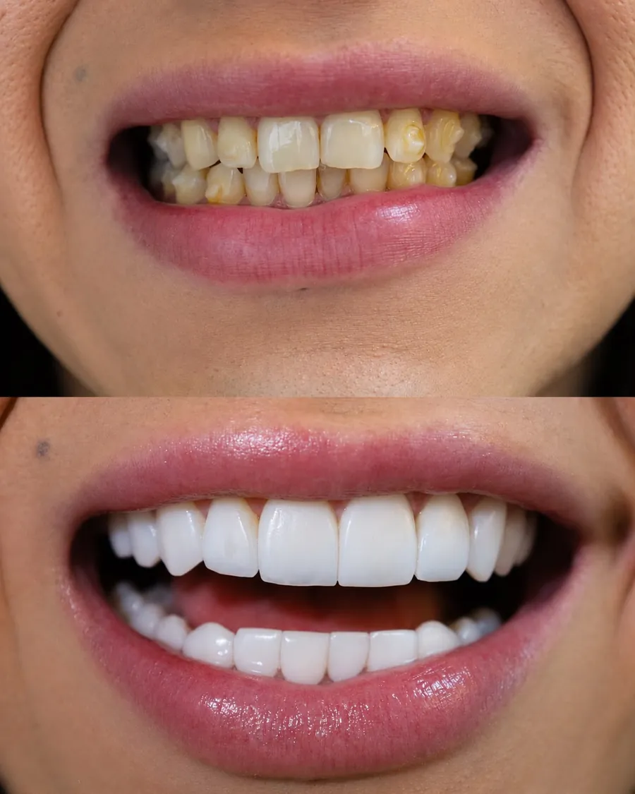 Lentes em resina: sorriso antes (em cima) e depois